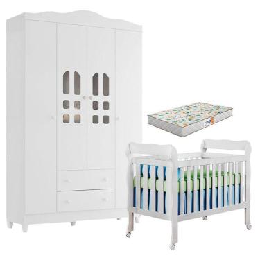 Imagem de Berço Americano Lila e Guarda Roupa Infantil New Selena 4 Portas Branco Brilho com Colc...
