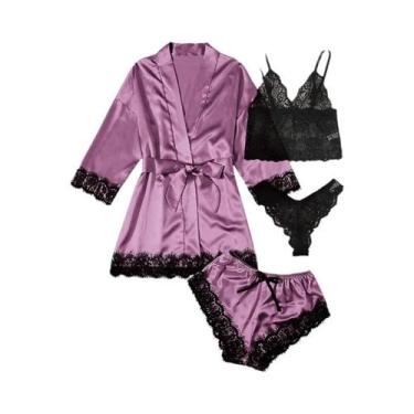 Imagem de Conjunto De Pijama De Renda E Cetim Feminino 4 Peças Roupa De Dormir D