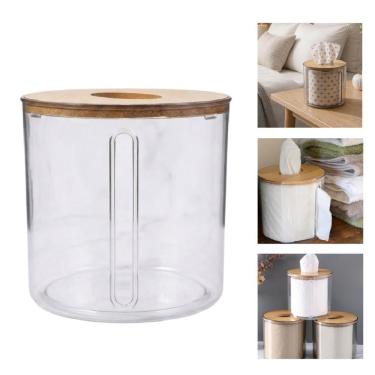 Imagem de Porta Lenço e Papel Higiênico de Mesa Acrílico e Bambu Redondo Multiuso para Banheiro e Lavabo Transparente Yeet