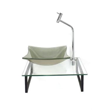 Imagem de KIT CUBA DE VIDRO QUADRADA 10MM CHAMPANHE COM TAMPO 40CM INCOLOR E SUPORTE PRETO