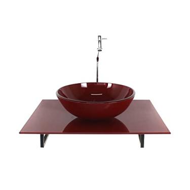 Imagem de KIT CUBA DE VIDRO REDONDA COM TAMPO 60CM VERMELHO CEREJA FULL E SUPORTE TORNEIRA VALVULA