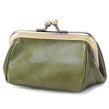 Imagem de ROUROU Bolsa clutch feminina de couro legítimo com trava de beijo retrô, porta-moedas, bolsa fofa, Verde, L, Retrô