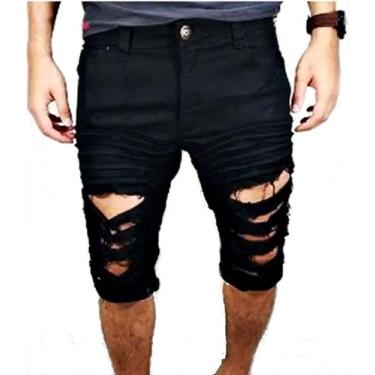 Imagem de Bermuda Jeans Masculina Desfiada Rasgada Destroyed Preta - Maele Modas