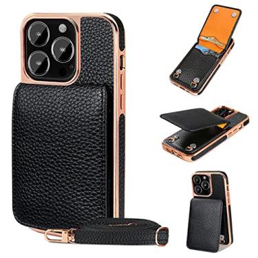 Imagem de carteira de couro pu lichia capa de cartão de crédito alça para iphone 13 14 pro max case couro fino luxo, preto, para iphone 14