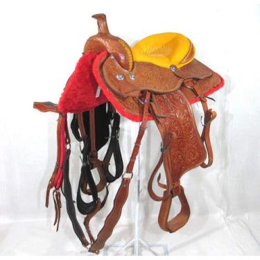 Imagem de Sela Americana Amarela Quarto de Milha Entalhada Completa Profissional Luxo 16 Polegadas