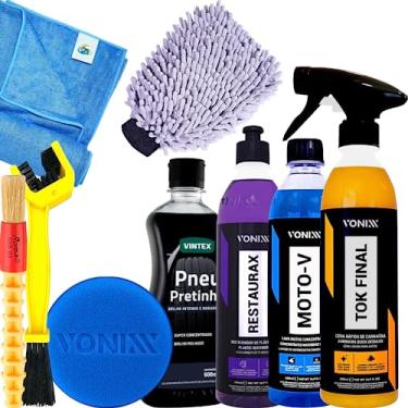 Imagem de Kit Lavagem Completa Para Moto Carro Shampoo Moto-V Reivitalizador de plasticos Restaurax Cera Cristalizadora Tok Final Vonixx pneu Pretinho Vintex