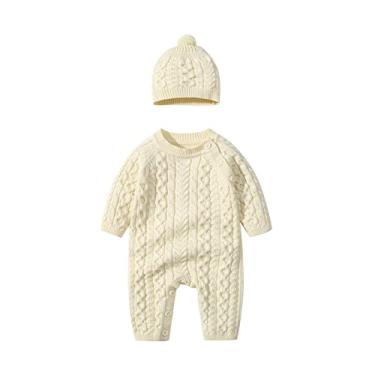 Imagem de Macaquinho para bebês recém-nascidos e meninas meninos sólido primavera inverno manga longa com botão suéter macacão 3D, Bege, 12-18 Meses