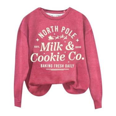 Imagem de Pulôver feminino com estampa de letras, moletom de manga comprida casual solto gola redonda pulôver top, Rosa choque, M