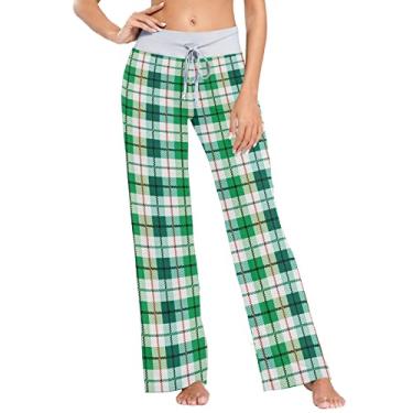 Imagem de JUNZAN St Money Calça de pijama feminina verde-azulado calça de pijama longa calça com desenho elástico PP, St Green Xadrez Branco, P