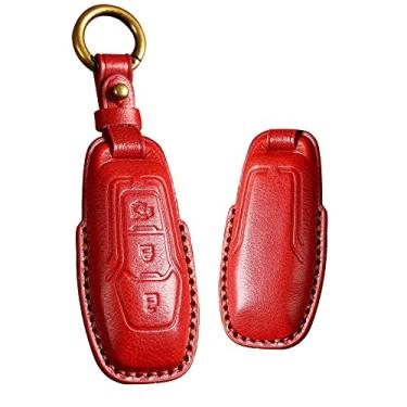 Imagem de HIBEYO Capa inteligente de couro de 3 botões compatível com Ford Edge Mondeo Everest Escort Mustang F-150 Galaxy Kuga S-Max Explorer Ranger acessórios de carro com chaveiros - vermelho