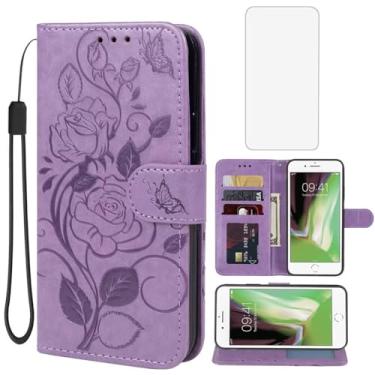 Imagem de Vavies Capa para iPhone 6 Plus, capa carteira para Apple 6 Plus com protetor de tela de vidro temperado, capa de couro floral com suporte para cartão de crédito para iPhone 6 Plus, roxo