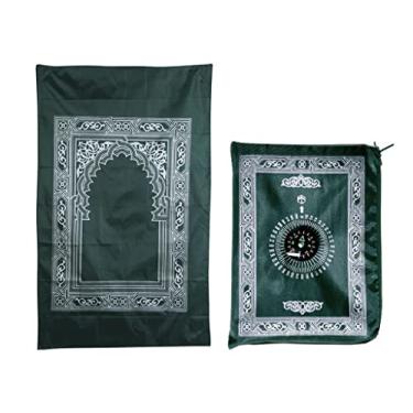 Imagem de Abiyou 1 tapete de oração muçulmano, tapete de oração de viagem de poliéster com bússola, verde, 60 cm x 100 cm