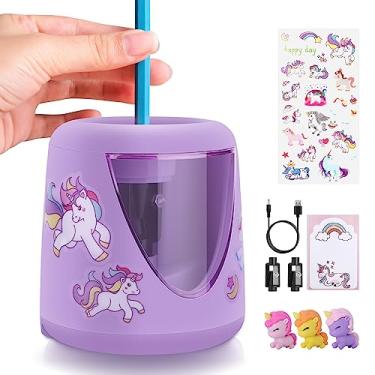 Imagem de Apontador de lápis elétrico para crianças, pequeno e fofo apontador de lápis colorido para sala de aula em casa, apontador elétrico, com material escolar de unicórnio, roxo