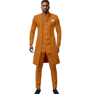 Imagem de Terno masculino slim fit com corrente de peito único blazer calça 3 peças roupa de casamento de linho roupas africanas, Amarelo, Small