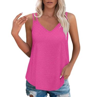 Imagem de Camiseta feminina de cor sólida, moderna, casual, jacquard, alças duplas, sem mangas, em branco, Rosa choque, M