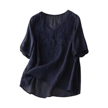 Imagem de Blusa feminina de algodão e linho com gola V, casual, vintage, bordada, manga curta, blusa boho solta, #04-Azul marinho, M