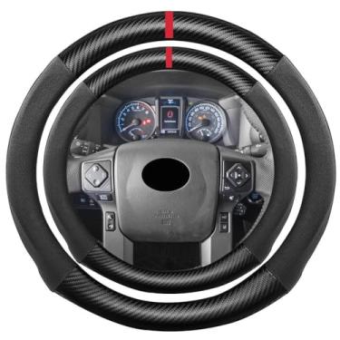 Imagem de K LAKEY Capa de volante de fibra de carbono de camurça, compatível com Toyota 4Runner Sequoia Tacoma Tundra Sienna 40.6 cm macio camurça toque couro esportivo antiderrapante acessórios interiores