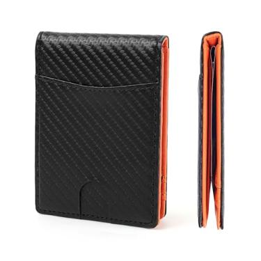 Imagem de MUXILING Carteira masculina fina de couro com clipe para dinheiro com bloqueio de RFID, bolso frontal, porta-cartões de crédito, carteiras finas para homens, CF-Preto Laranja, Clássico