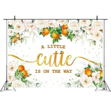 Imagem de 1,5 x 0,9 m, pano de fundo para chá de bebê, fruta, laranja, revelação de gênero, tema recém-nascido, tangerina, flores cítricas, um pouco fofo está a caminho, fundo fotográfico