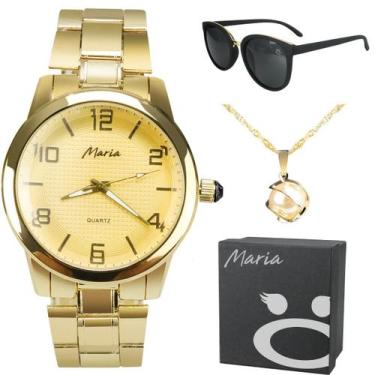 Imagem de Relógio banhado aço dourado + oculos sol + caixa casual social strass 