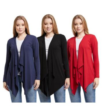 Imagem de Kit 03 cardigans feminino kimono com bico manga longa - Wooks, P, Azul