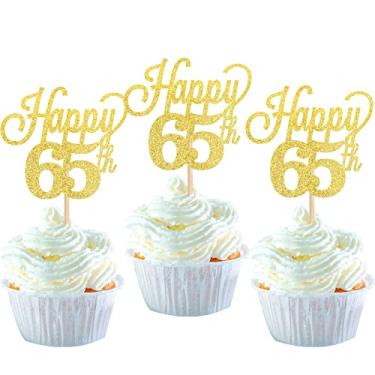 Imagem de Embalagem com 24 topos de cupcake Happy 65th Glitter Número 65 Sixty Five Cheers to 65 Cupcake Palitos de Comida para Cupcake para Festa de Casamento de 70º Aniversário Suprimentos Ouro