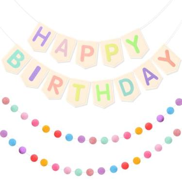 Imagem de Buryeah Faixa de feltro feliz aniversário pastel boho feliz aniversário guirlanda macaron pom arco-íris banner de aniversário reutilizável decoração colorida festiva fofa fonte de festa de aniversário