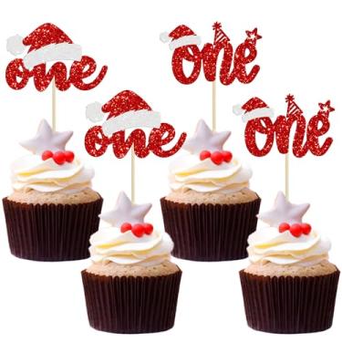 Imagem de 24 peças de enfeite de cupcake de Natal com glitter vermelho para festa de primeiro aniversário, palitos de cupcake para chá de bebê, tema de Natal, decoração de bolo de 1º aniversário, suprimentos