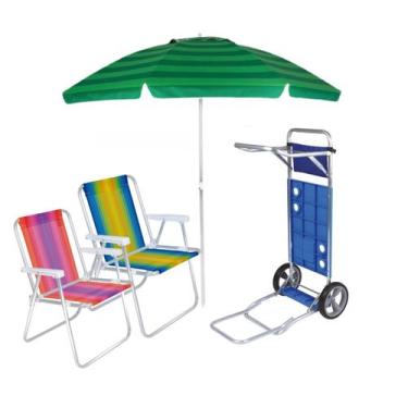 Imagem de Kit Praia Carrinho Com Avanço + 2 Cadeira Alta Aluminio + Guarda Sol 2