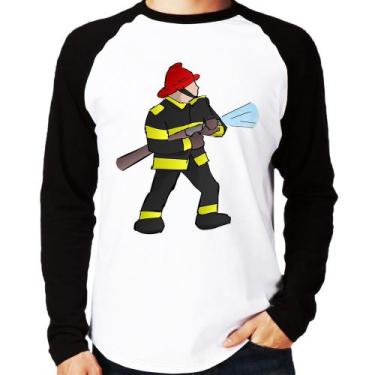 Imagem de Camiseta Raglan Bombeiro Manga Longa - Foca na Moda, Branco, Preto, G