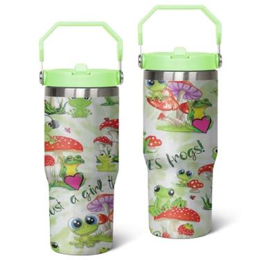 Imagem de Copo de sapo de 850 g com alça e canudo, caneca de café de sapo com isolamento térmico, caneca de sapo de aço inoxidável de parede dupla, xícara de café de sapo à prova de vazamento, presentes de sapo