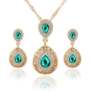 Imagem de Conjunto de joias de cristal AILUOR Fashion Waterdrop com nó celta retrô vintage com pingente de gota de água verde gota de água e pingente de colar de brincos de joia para mulheres, mãe noiva, casamento Dourado