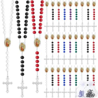 Imagem de 36 peças de colar de rosário de contas de madeira com crucifixo e rosário perfumado de primeira comunhão de Nossa Senhora de Guadalupe com 36 sacos de organza, lembrancinhas de batismo, presente