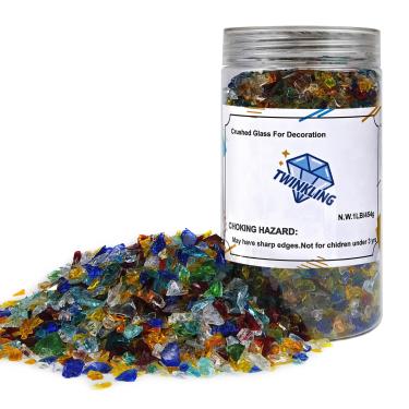 Imagem de TWINKLING Vidro de fogo de alto brilho pedra de cascalho glitter, vidro quebrado, lascas de pedras de fogo, vidro triturado para artesanato em resina arte aquário decoração de jardim, 3-6 mm, pote de