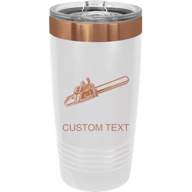 Imagem de Motosserra Arborist, copo de aço inoxidável personalizado gravado a laser 590 ml café de viagem branco/ouro rosa banhado a íon parede dupla carro viagem caminhão anel caneca personalizável, tampa