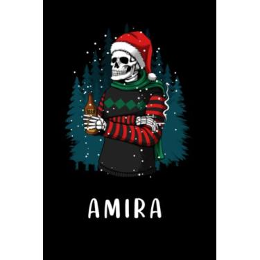 Imagem de Amira : Personalized Name Journal for Amira |gratitude Notebook |Skull wearing an ugly christmas sweatshirt holding a beer bottle merry christmas ... boys ... journal Paperback|6x9 Inches, 120