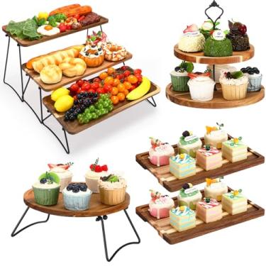 Imagem de Havawish Conjunto de 5 suportes de bolo de madeira, suporte de cupcake de 2 camadas, bandeja de servir em torre de 3 camadas, suporte de bolo redondo, pratos retangulares, conjunto de suporte de mesa