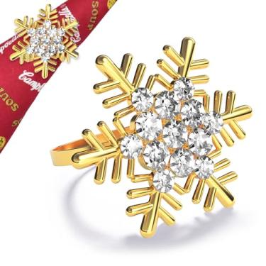 Imagem de Halatool Conjunto de 6 Anéis de Guardanapo de Natal Floco de Neve Dourado com Strass Branco Porta-Guardanapos para Decoração de Mesa de Festa de Natal Ação de Graças
