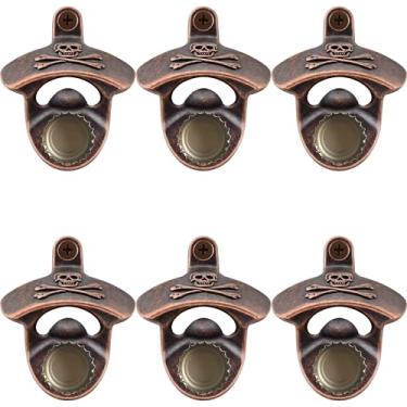 Imagem de HAIICEN Abridor de garrafa magnético de parede de caveira de cobre antigo, abridor de garrafa de cerveja com parafuso pirata com ímãs para poste de refrigerador de madeira (6 peças)