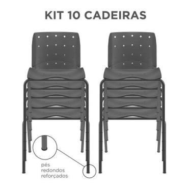 Imagem de KIT 10 Cadeiras Fixas Ergoplax Secretária 4 Pés Slim Preta Plaxmetal