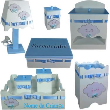 Imagem de Kit de Higiene bebê mdf menino - Nuvem branco tampas azul bb - FLORES 
