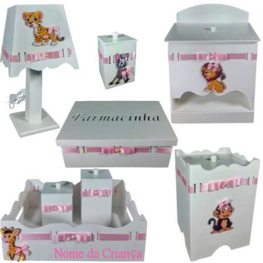 Imagem de Kit de Higiene bebê mdf menina femino SAFARI MENINA BRANCO E ROSA - FL