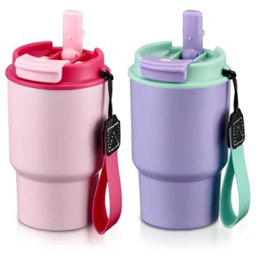 Imagem de Copo isolado com alça e canudos – Pacote com 2 copos infantis de aço inoxidável 18/8 livres de BPA com tampas 2 em 1, à prova de vazamento, canecas de viagem para meninos e meninas (rosa + roxo)