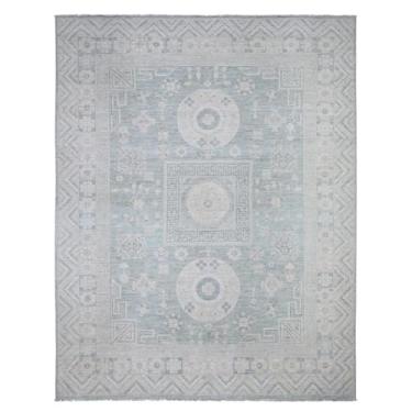 Imagem de Shahbanu Rugs Tapete oriental de lã atada à mão Peshawar azul pedra com design Khotan (2,5 m x 28 cm)