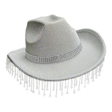 Imagem de Fiocias Chapéu de cowboy caça chapéu sol de proteção solar decoração de moda ampla borda com borla para concertos festas performance de palco masculino