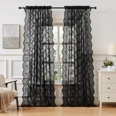 Imagem de Cortinas de renda preta 213 cm de comprimento, 2 painéis, vintage, para sala de estar, quarto, decoração gótica, bolso de varão, filtro de luz, preto, transparente, tecido de renda, cortina de janela