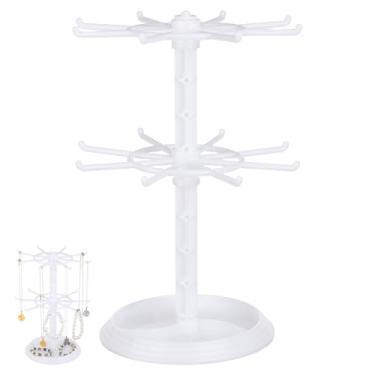 Imagem de DEARMAMY Suporte giratório de joias, suporte de colar de 2 níveis, pulseira, organizador de pendurar chaveiro, suporte de exibição de joias, suporte de joias de plástico para mesinhas de balcão de