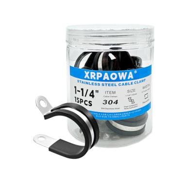 Imagem de XRPAOWA Grampos de cabo de aço inoxidável de 3,5 cm, 15 peças, grampos isolados acolchoados de borracha, braçadeira de tubo, suporte de tubo para instalação de tubos, canos, linhas ou fios (32 mm))