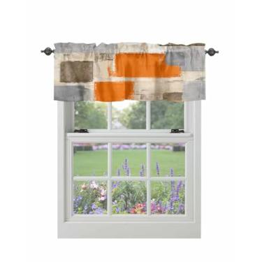 Imagem de Cortina para Janelas Laranja Cinza Marrom Pintura a Óleo Rod Pocket Valance Tratamentos Arte Abstrata Cortinas Curtas para Cozinha Janelas Sala de Estar Quarto Decoração 137 x 45 cm