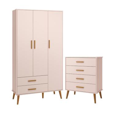 Imagem de Jogo de Quarto Infantil Isis Guarda Roupa 3 Portas e Cômoda 4 Gavetas - Reller Móveis Rosa